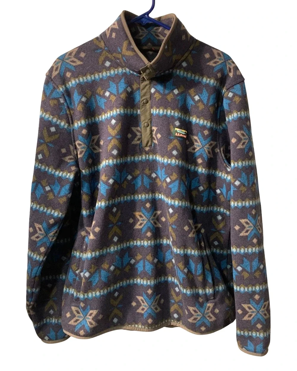 LL Bean Mens Fair Isle Sweater Fleece Pullover Size L Snowflakes Gray Gorpcore